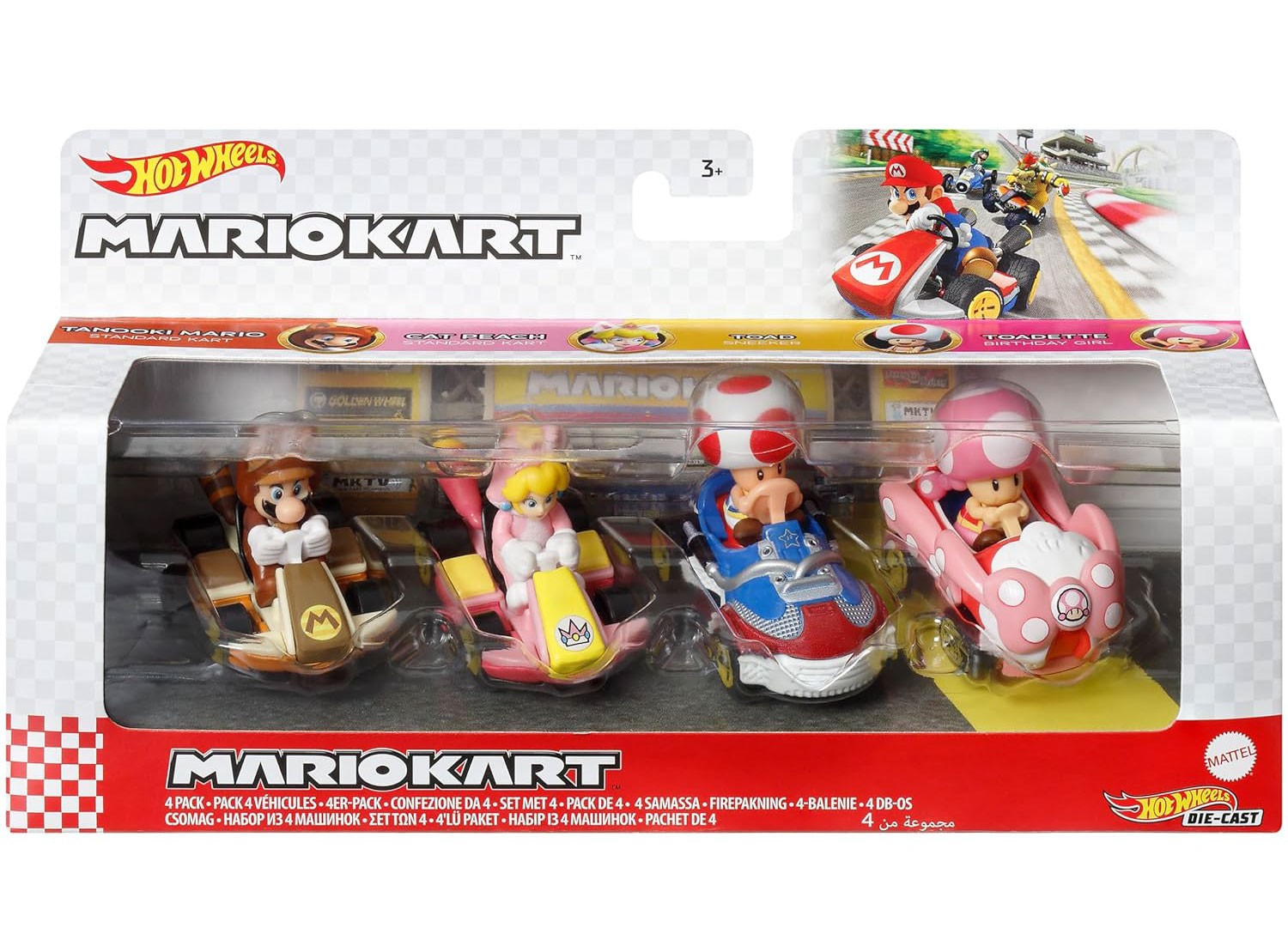 Mario Kart Tanooki Mario, Cat Peach, Toad & Toadette Diecast Car 4