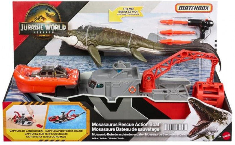 Jurassic World Rebirth Matchbox Mosasaurus Rescue Action Boat