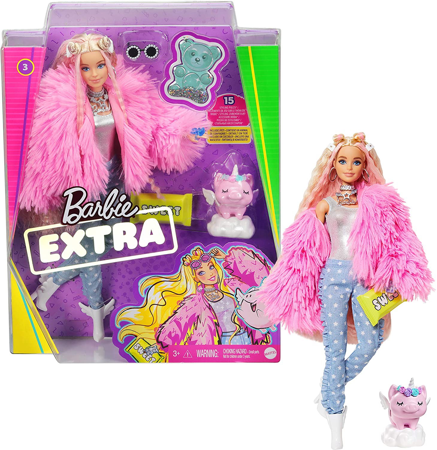 Barbie Fashionista Extra #3 in Pink Coat with Pet Unicorn-Pig Doll