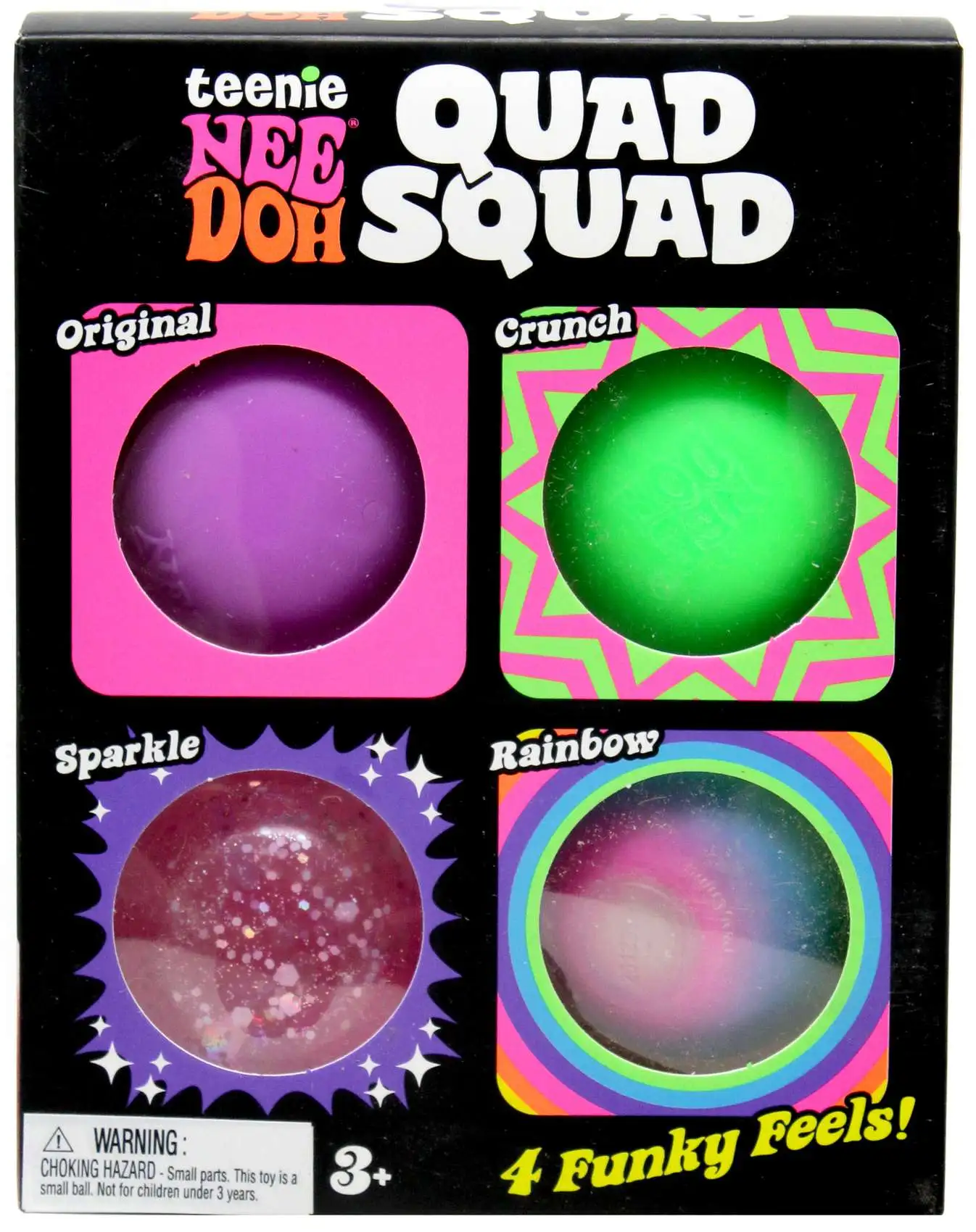 NeeDoh Teenie Quad Squad Original, Crunch, Sparkle & Rainbow 2.5-Inch Stress Ball 4-Pack [RANDOM Colors!]