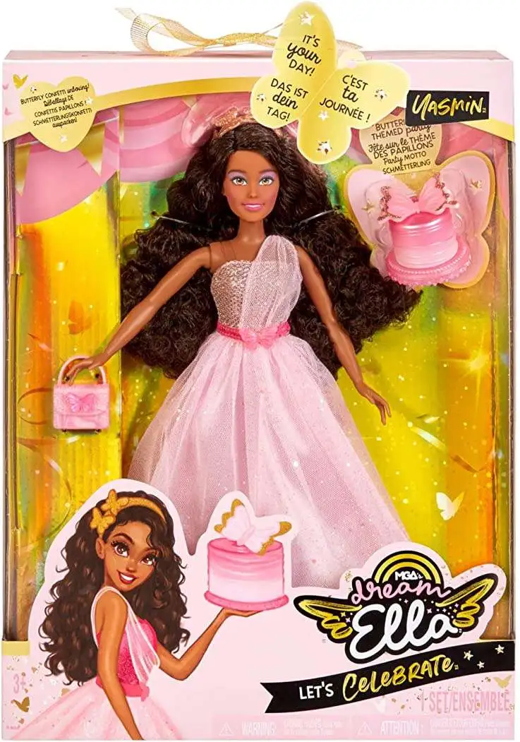 MGA Entertainment Dream Ella Let's Celebrate Doll - Yasmin, Pink & Gold  Glitter Butterfly Confetti Unboxing 11.5 Black Hair Party Fashion Doll + 5