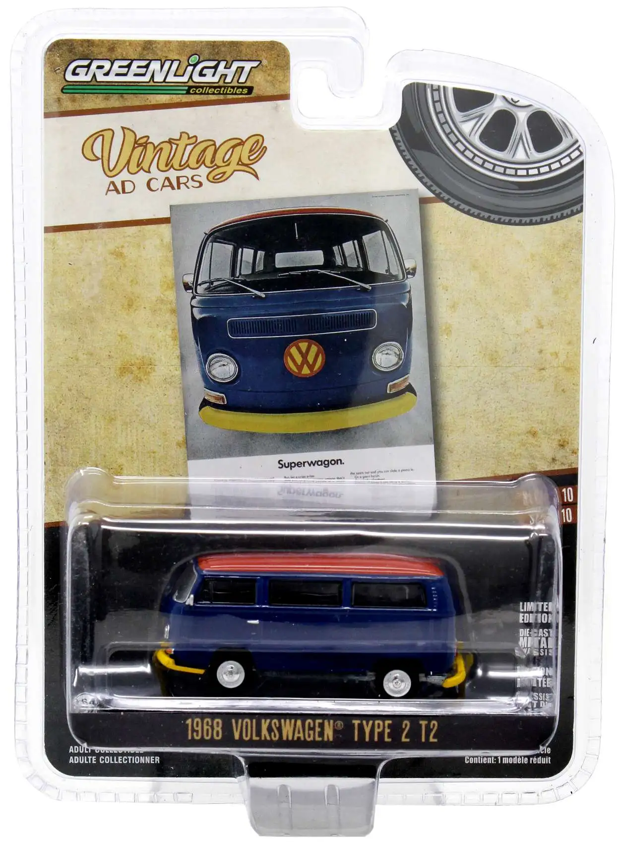Greenlight Collectibles Vintage Ad Cars 1968 Volkswagen Type 2 T2 Diecast Car