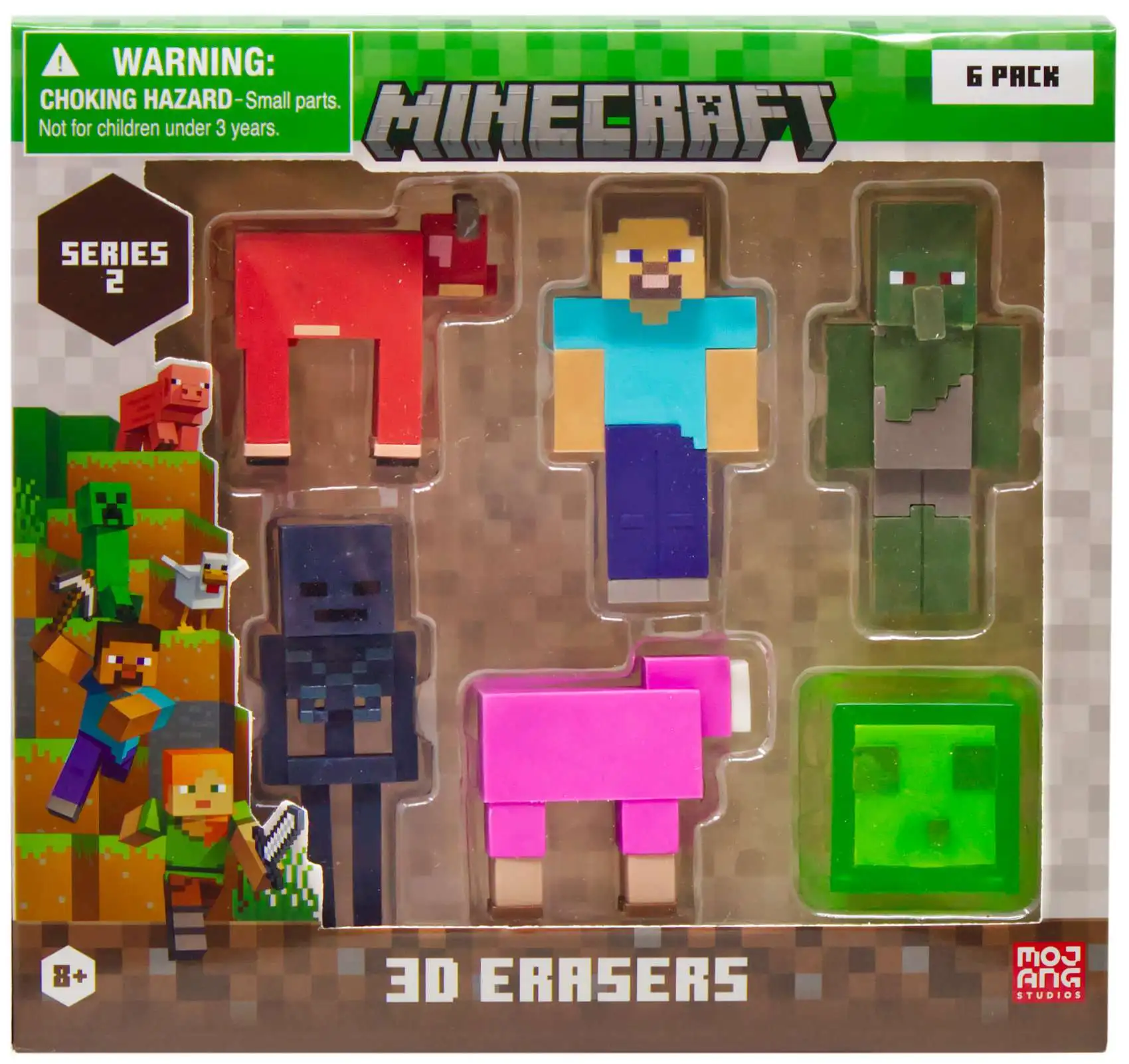 Minecraft Series 2 Warm Cown, Steve, Zombie Villager, Wither Skeleton, Pink Sheep & Slime Cube 2.25-Inch 3D Eraser 6-Pack