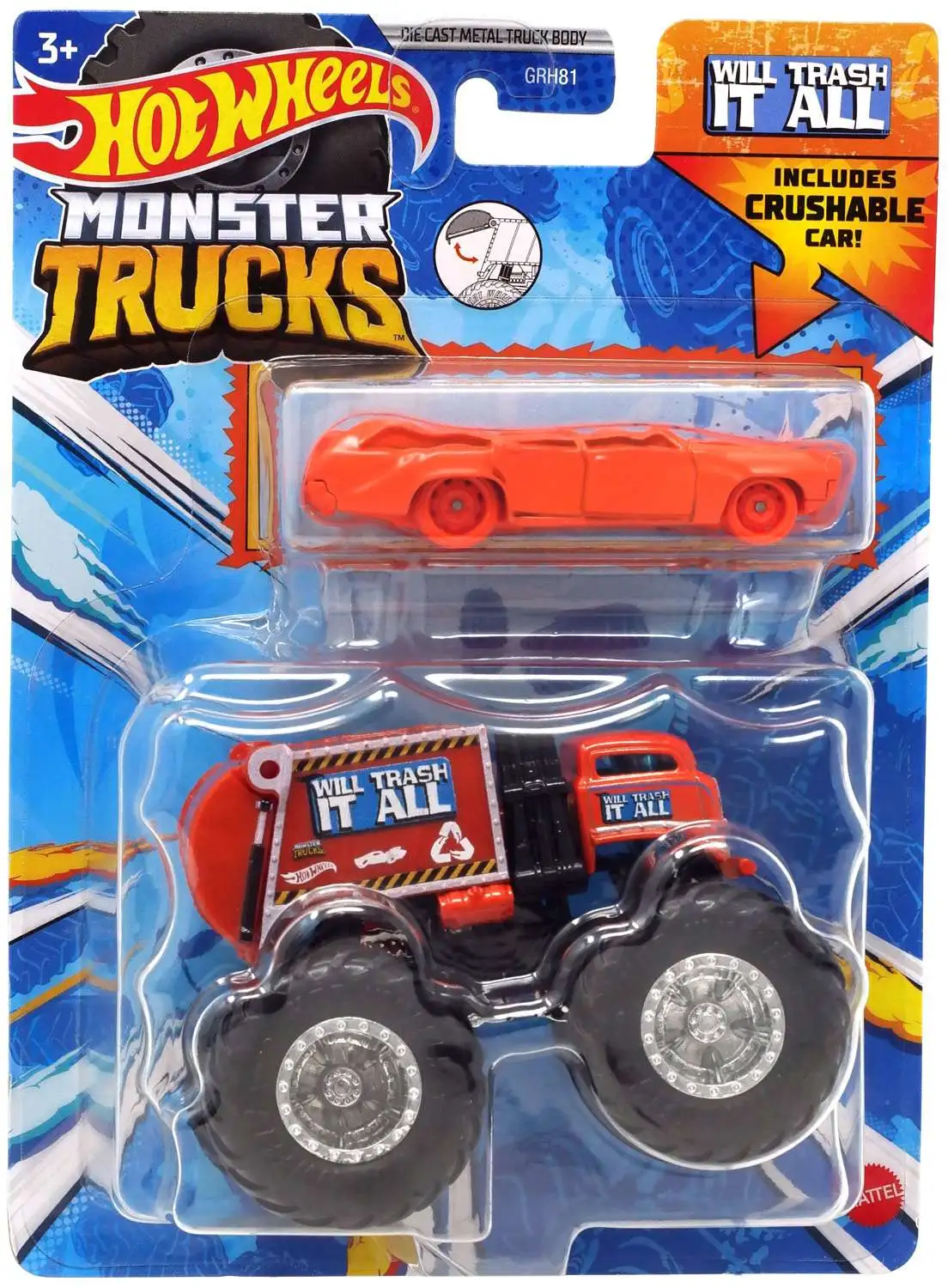 Hot Wheels Monster Trucks Will Trash it All 164 Diecast Car Includes Crushed Die Cast Car Mattel Toys ToyWiz