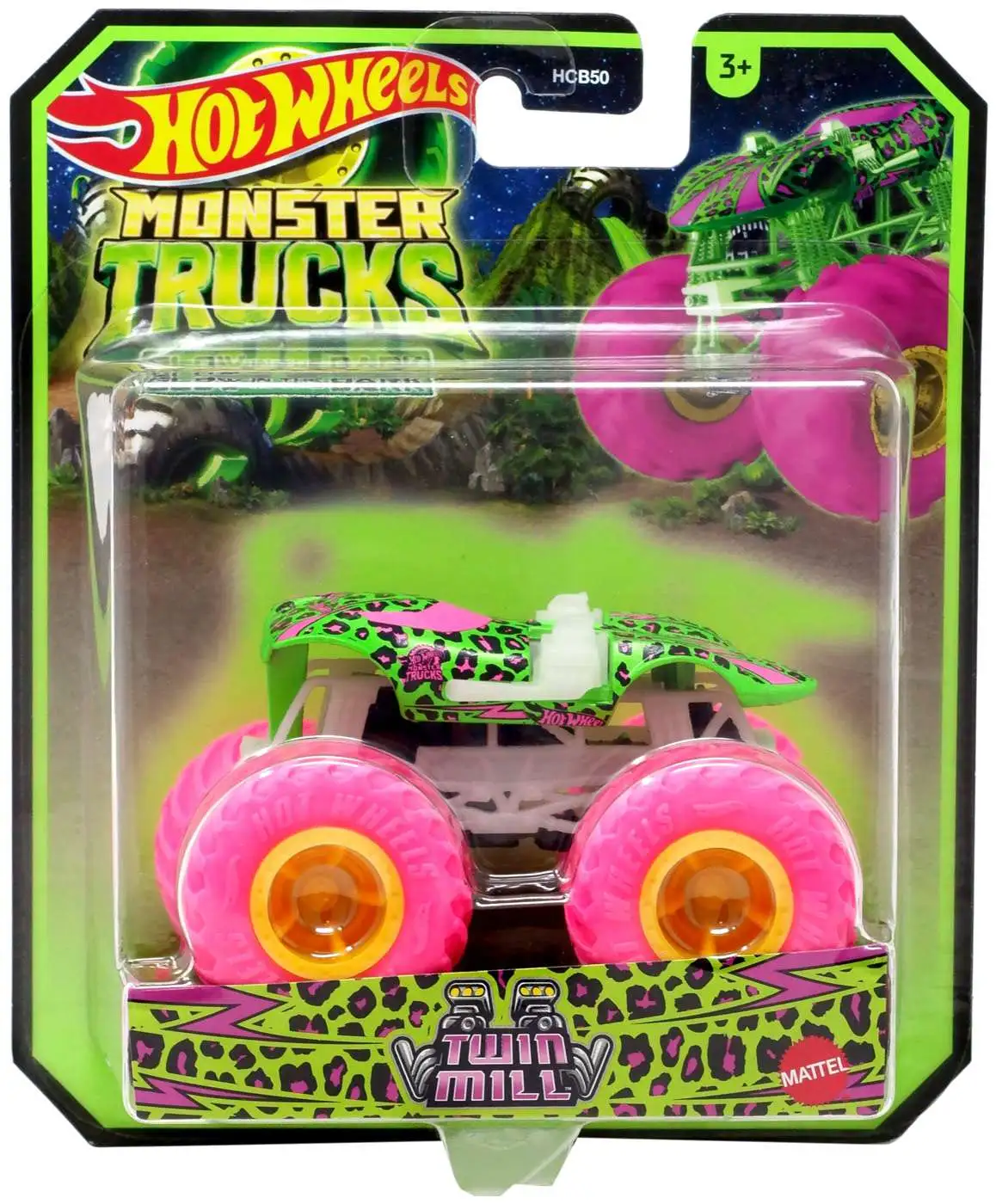 Hot Wheels Monster Trucks Glow in the Dark Twin Mill Diecast Car [Green & Pink, Damaged Package]