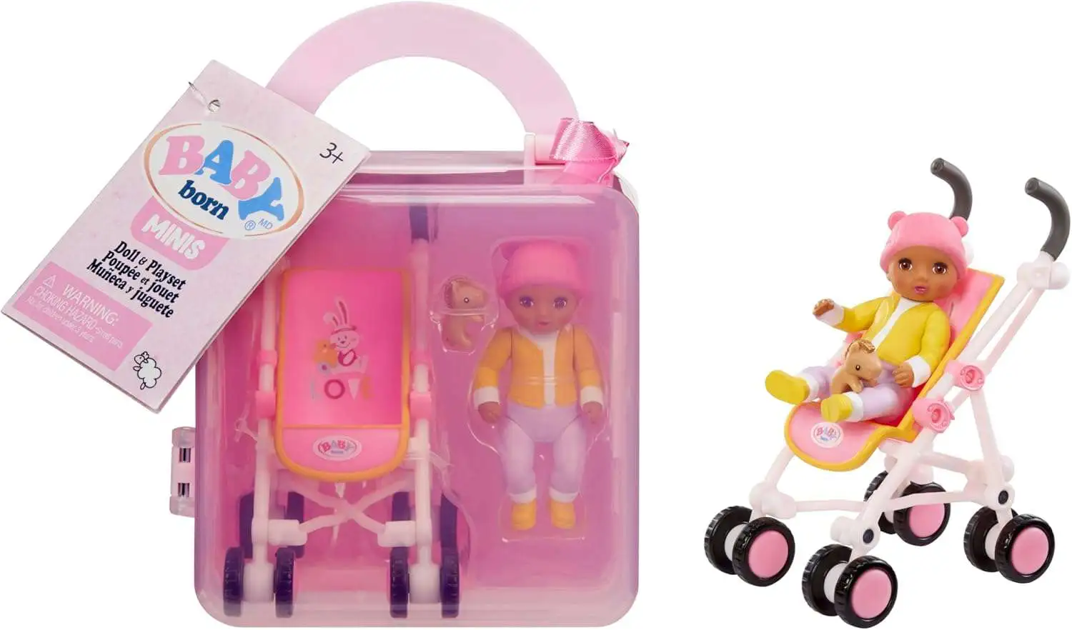 Baby Born Minis Medium Tan Skin Tone Doll with Brown Eyes, Stroller & Animal Friend Accessory Mini Doll & Playset