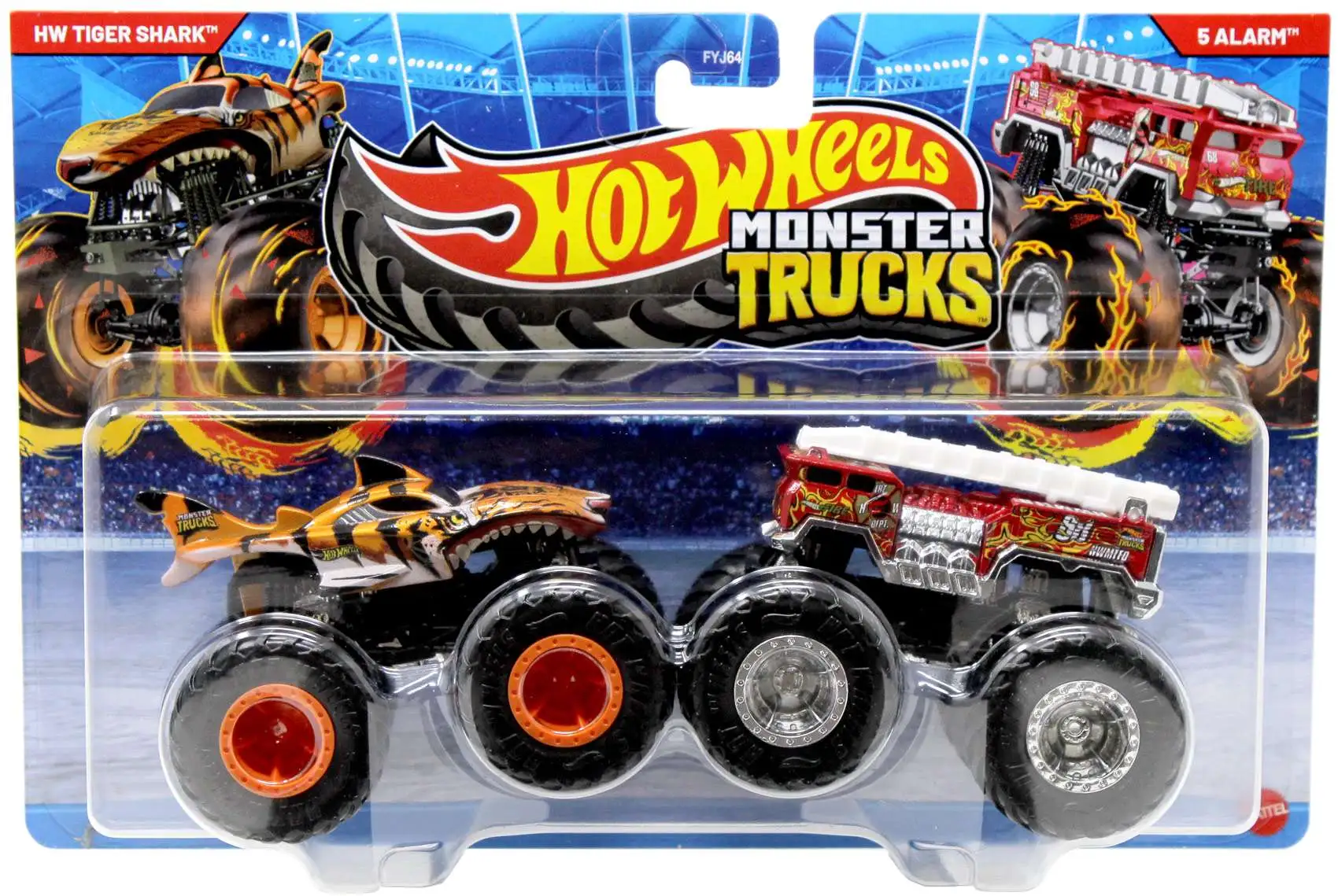 Hot Wheels Monster Trucks Demolition Doubles Tiger Shark vs 5 Alarm Diecast Car 2-Pack
