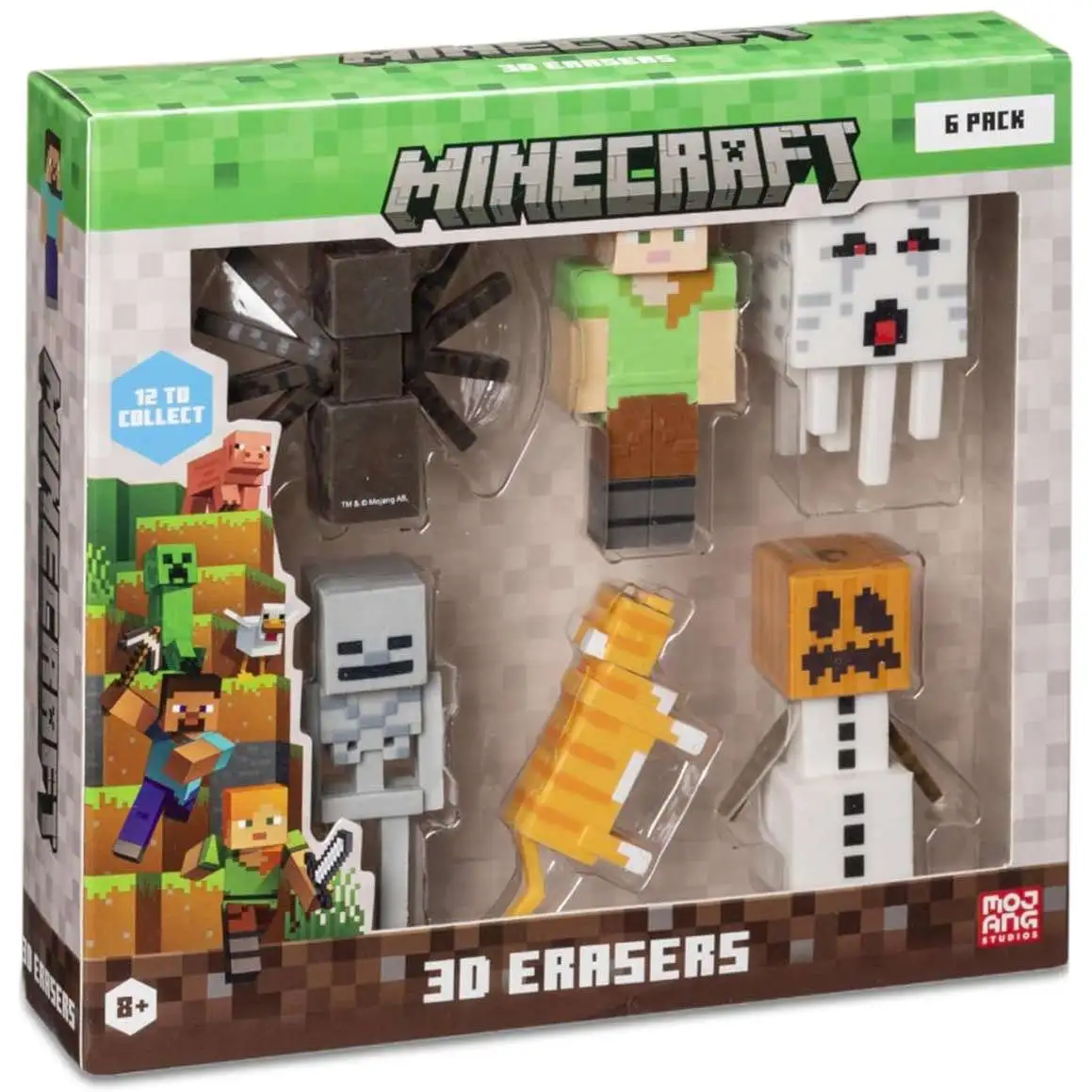 Minecraft Spider, Alex, Ghast, Skeleton, Cat & Snow Golem 2.25-Inch 3D Eraser 6-Pack [Damaged Package]