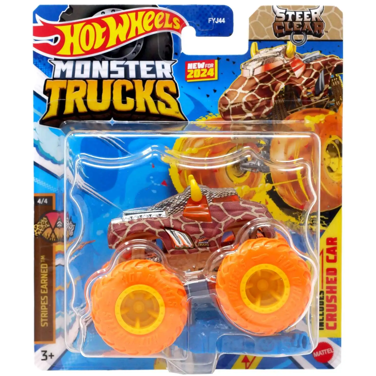 Hot Wheels Monster Trucks Stripes Earned Steer Clear Diecast Car [Includes Crushed Car!]