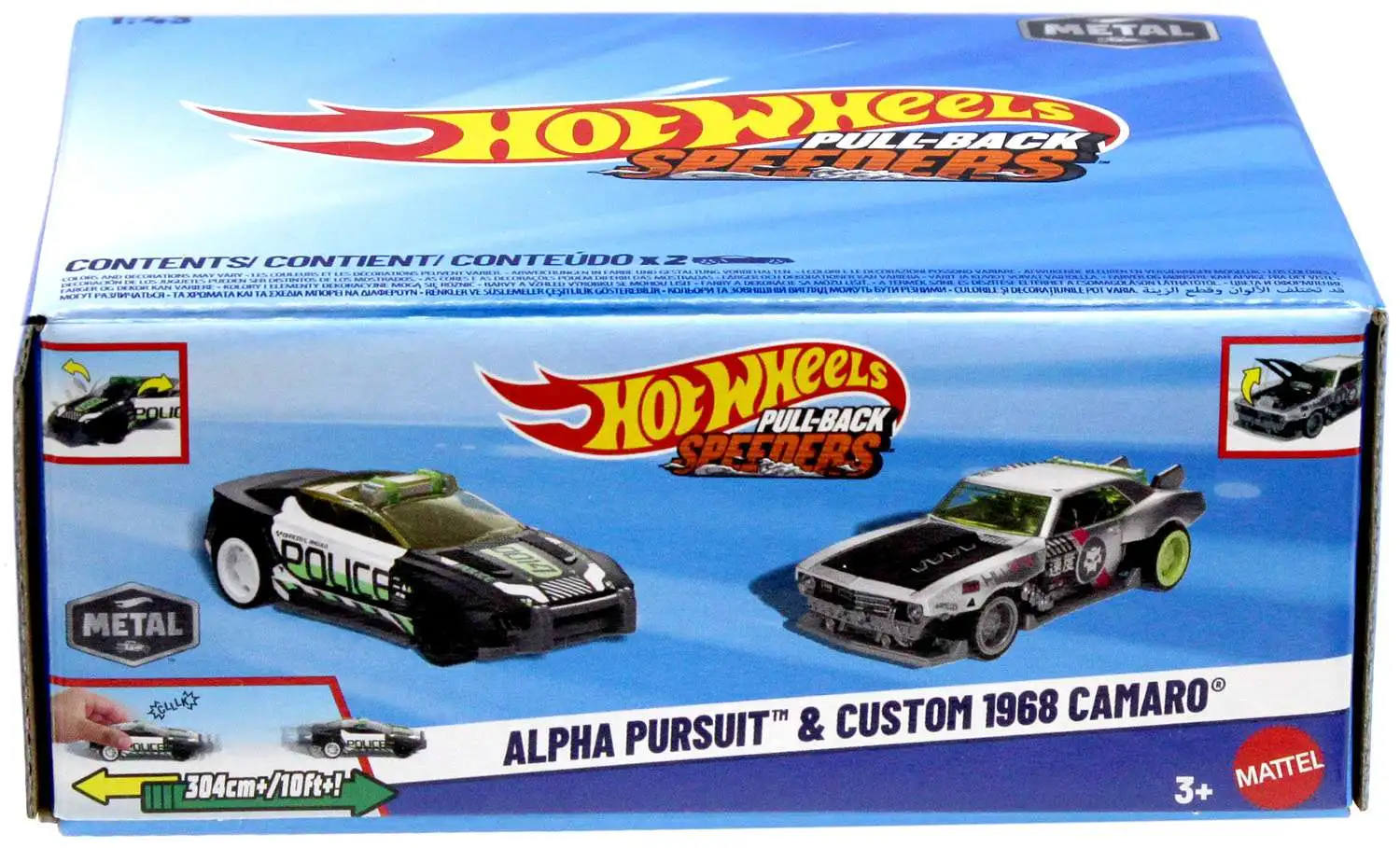 Hot Wheels Pull-Back Speeders Alpha Pursuit & Custom 1968 Camaro Diecast Pull-Back Car 2-Pack