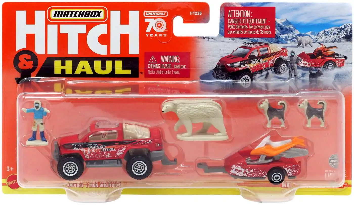 Matchbox Hitch & Haul Snow Thrasher / MBX Snowmobile & Trailer Diecast Vehicle