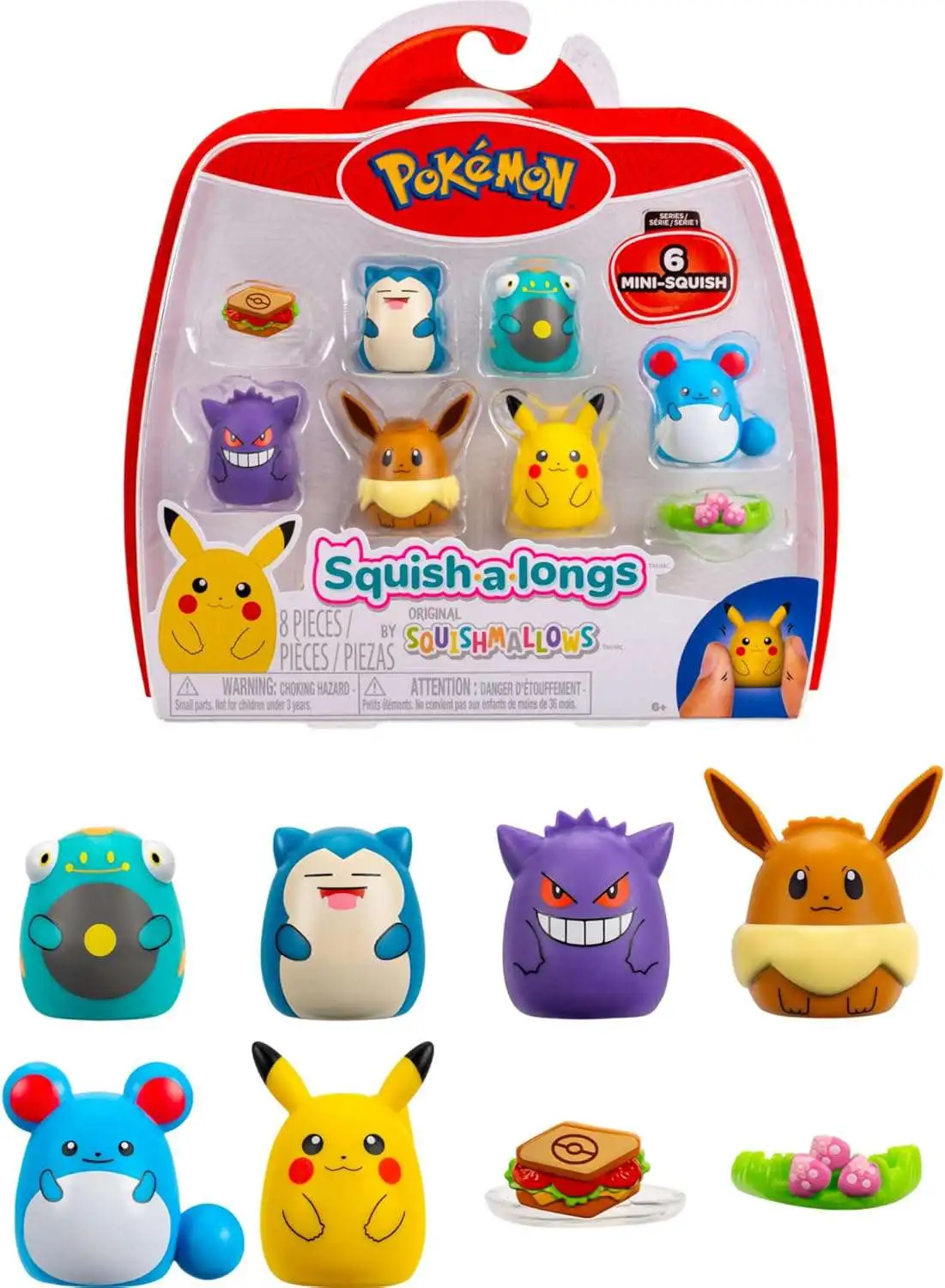 Squishmallows Squish-a-Longs Pokemon Gengar, Pikachu, Snorlax, Eevee, Bellibolt & Marill 1-Inch Mini Figure 6-Pack
