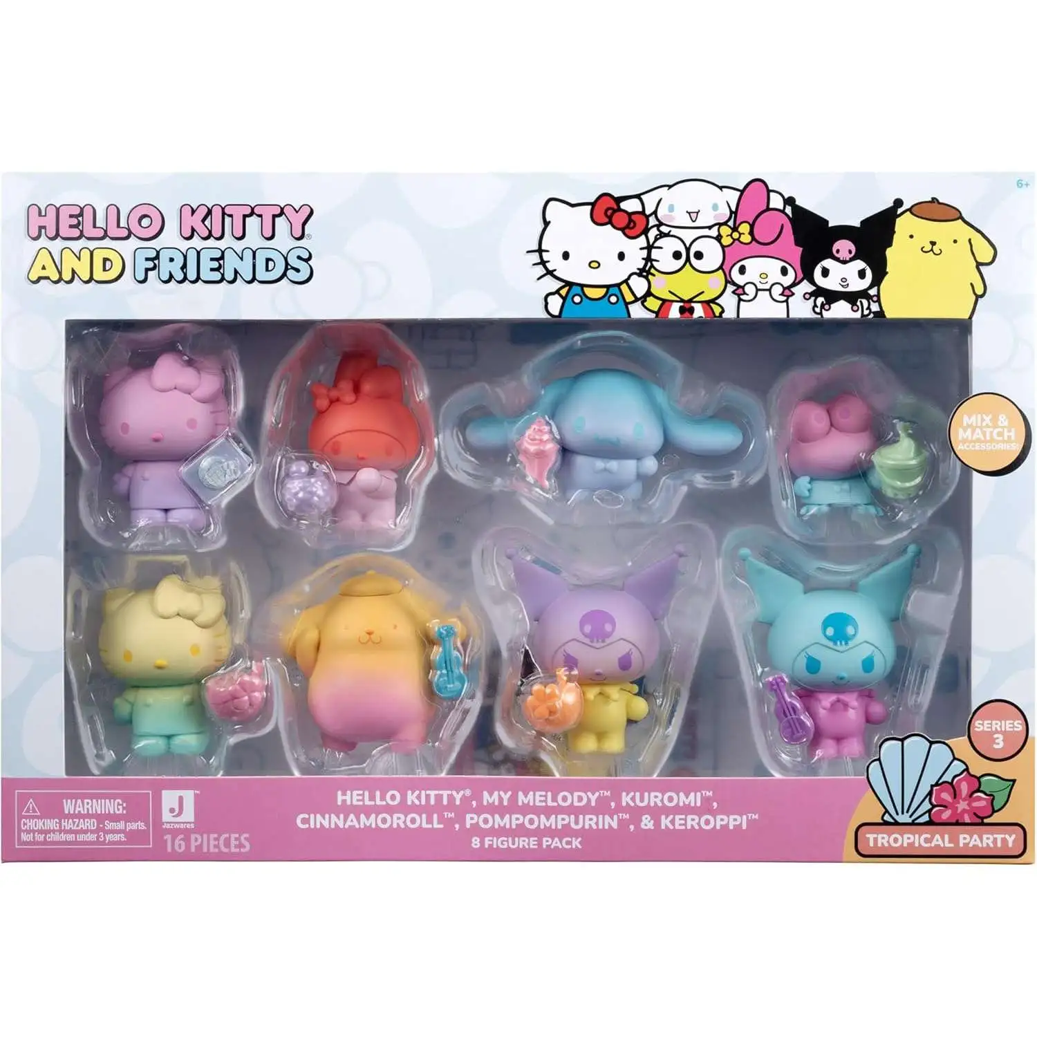 Sanrio Hello Kitty & Friends Series 3 Tropical Party Hello Kitty, My Melody, Kuromi, Cinnamoroll, Pompompurin & Keroppi 2-Inch Mini Figure 8-Pack