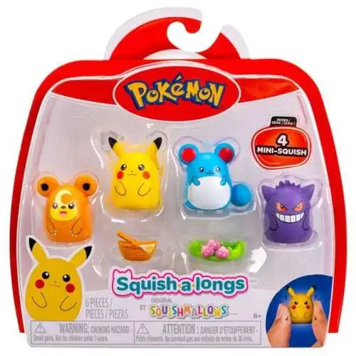 Squishmallows Squish-a-Longs Pokemon Pikachu, Gengar, Teddiursa & Marill 1-Inch Mini Figure 4-Pack