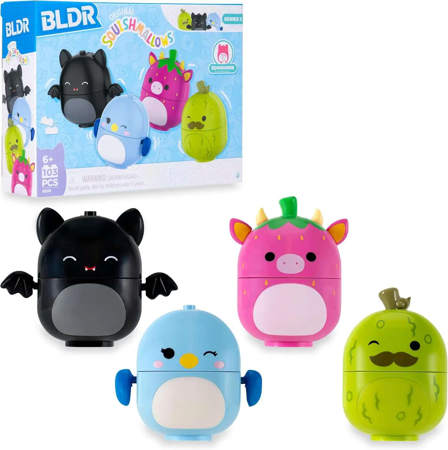BLDR Squishmallows Squishbrik Emily Bat, Bebe Bluebird, Cleary Strawberry Cow & Charles Pickle Building Set #0225
