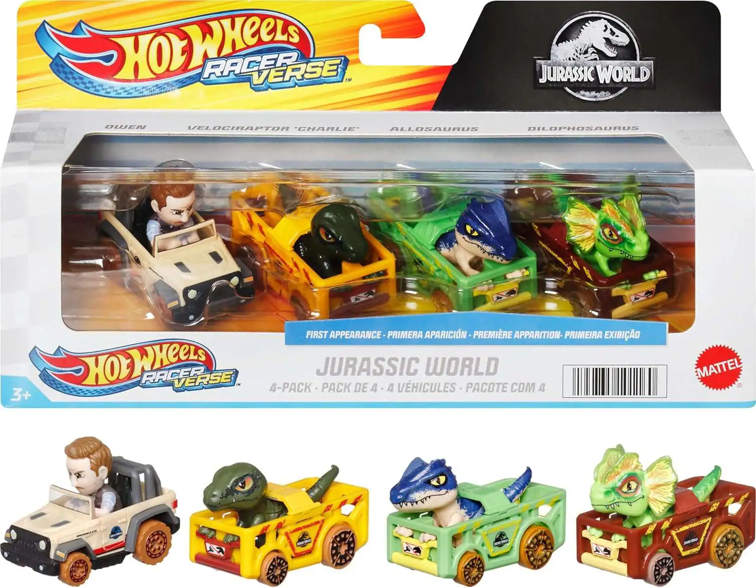 Hot Wheels RacerVerse Jurassic World Owen, Charlie, Allosaurus & Dilophosaurus Die Cast Car 4-Pack