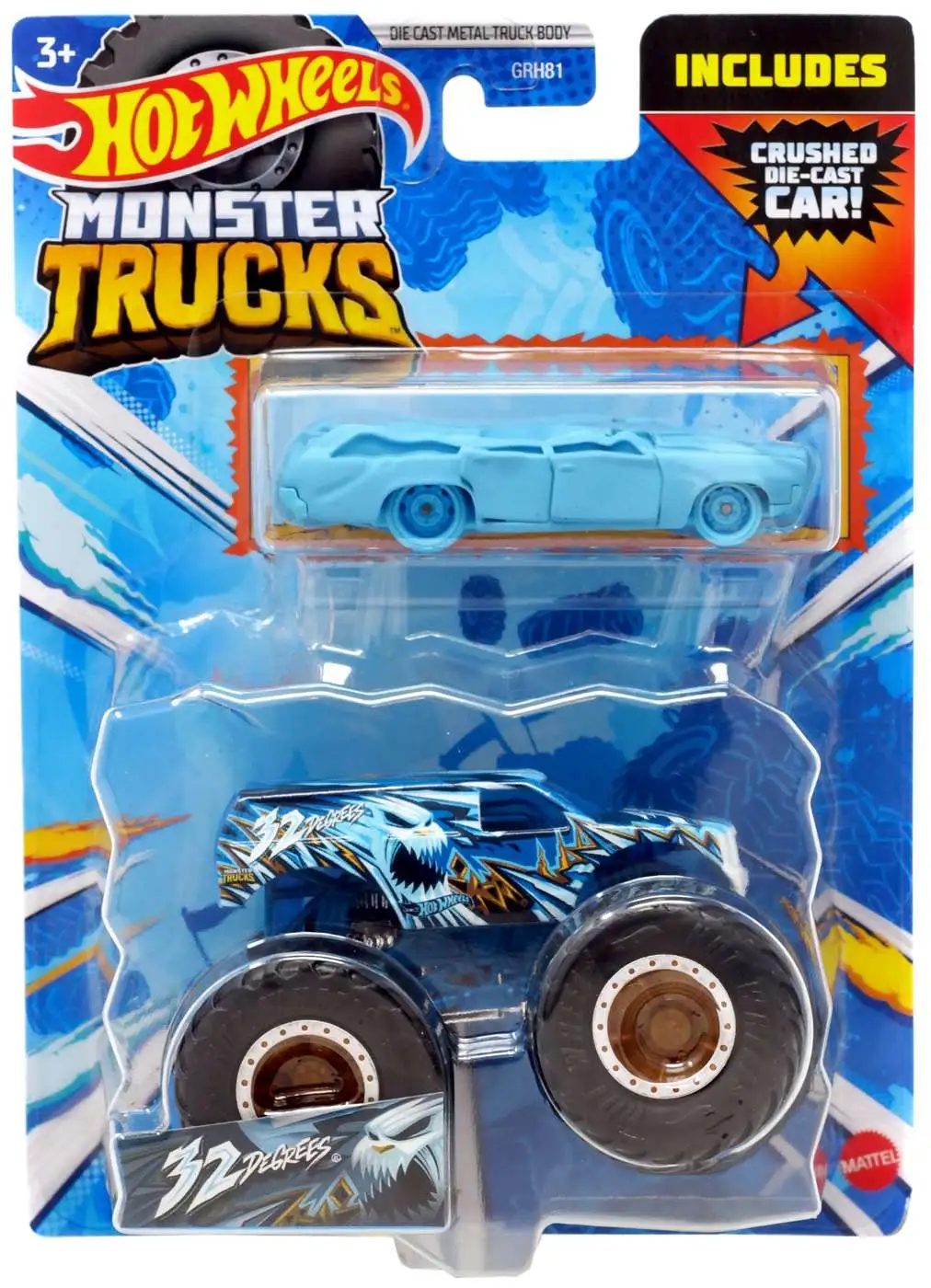 Hot Wheels Monster Trucks 32 Degrees Diecast Car [Includes Crushed Die-Cast Car!, Damaged Package]