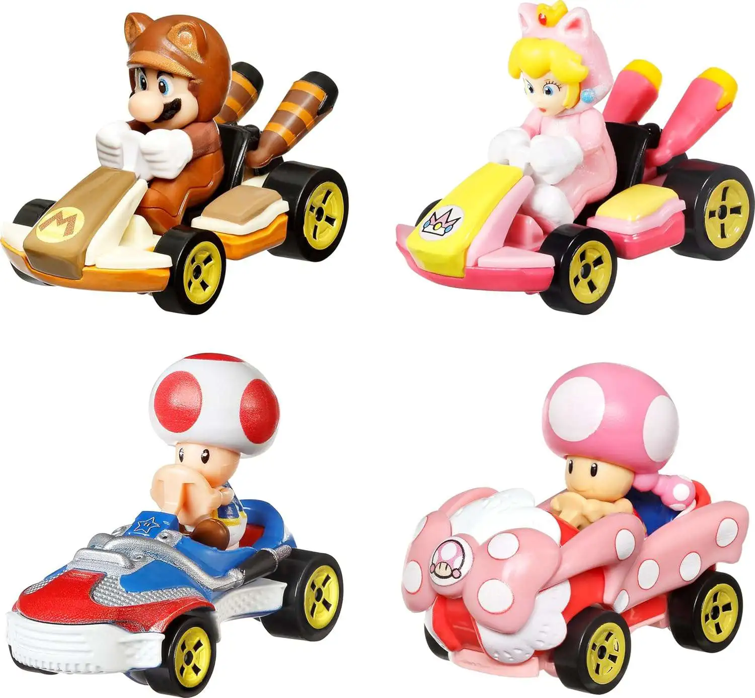 Hot Wheels Mario Kart Tanooki Mario Cat Peach Toad Toadette 164 Diecast Car 4 Pack Mattel Toys