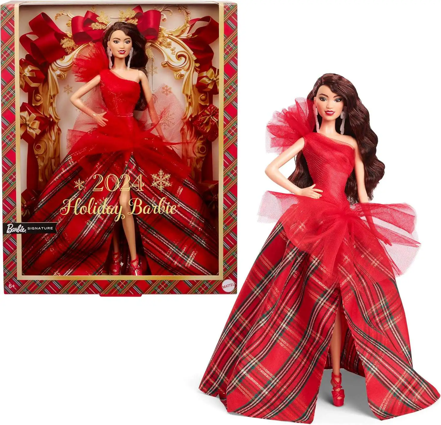 Barbie 2024 Holiday Barbie Doll Dark Brown Hair with Plaid Gown Mattel Toys  - ToyWiz