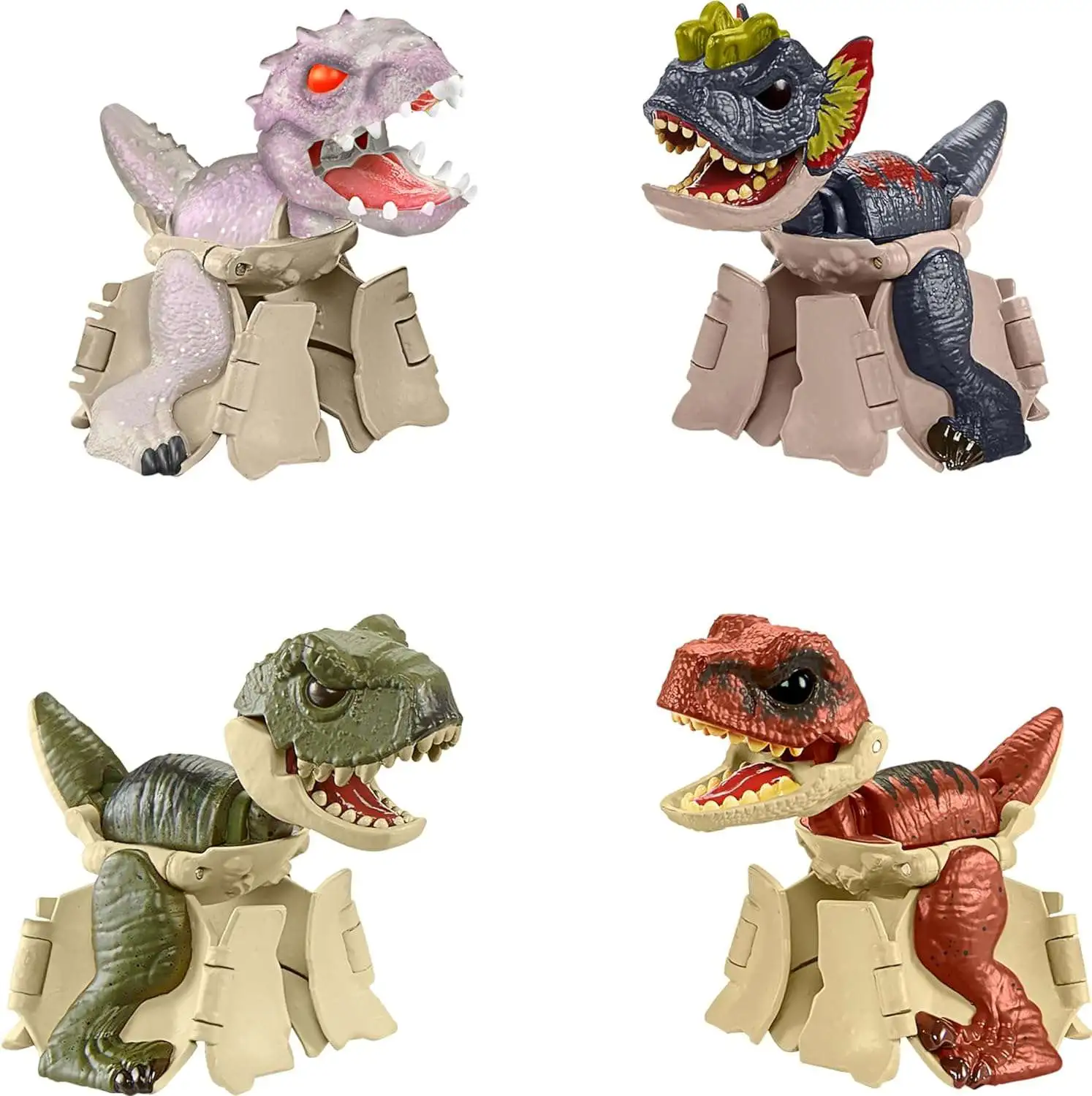 Jurassic World Transforming Egg to Dinosaur Hidden Hatchers Exclusive Figure 4 Pack T. Rex Dilophosaurus Tiger Atrociraptor Indominus Rex Mattel ToyWiz