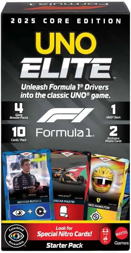 UNO Elite Formula 1 2025 Core Edition F1 Racing Trading Card STARTER Pack [1 UNO Deck, 4 Booster Packs & 2 Promo Cards]