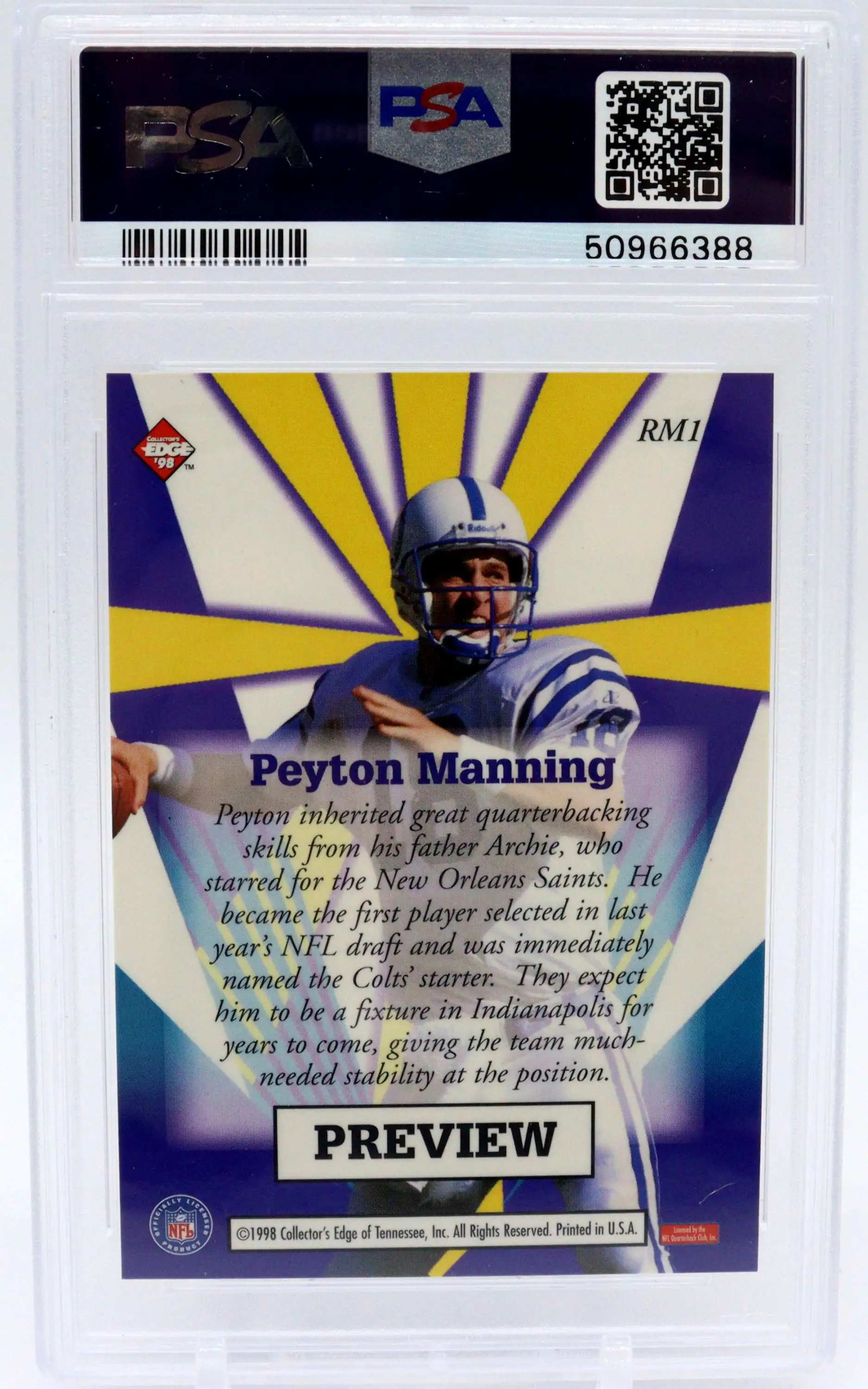 NFL 1998 PSA 9 Peyton Manning Graded Sports Card RM1 Rookie Masters Preview  Collectors Edge - ToyWiz