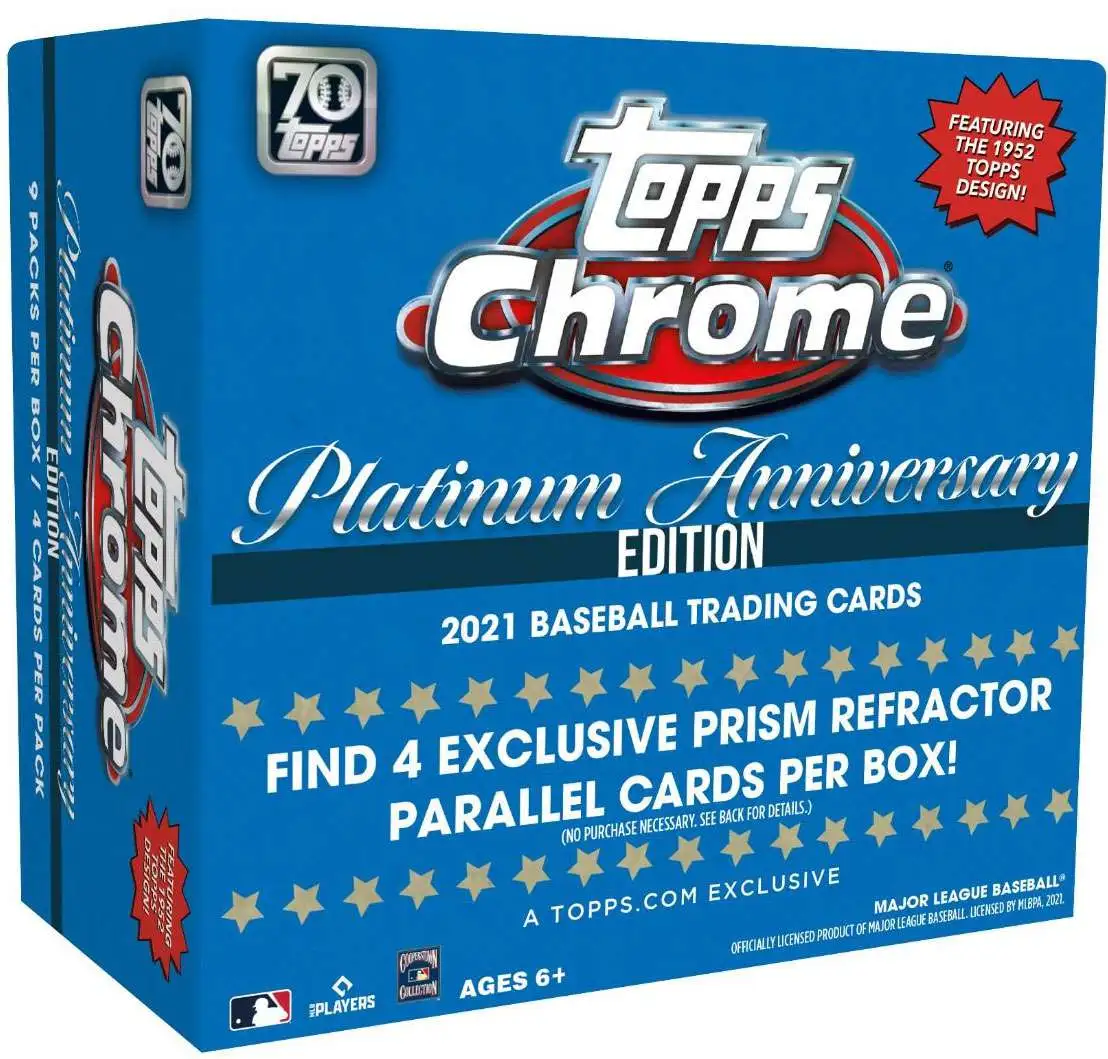 MLB Topps 2021 Chrome Platinum Anniversary Baseball Trading Card MEGA Box [BLUE Version, 9 Packs, 4 Exclusive Prism Refractor Parallel Cards]