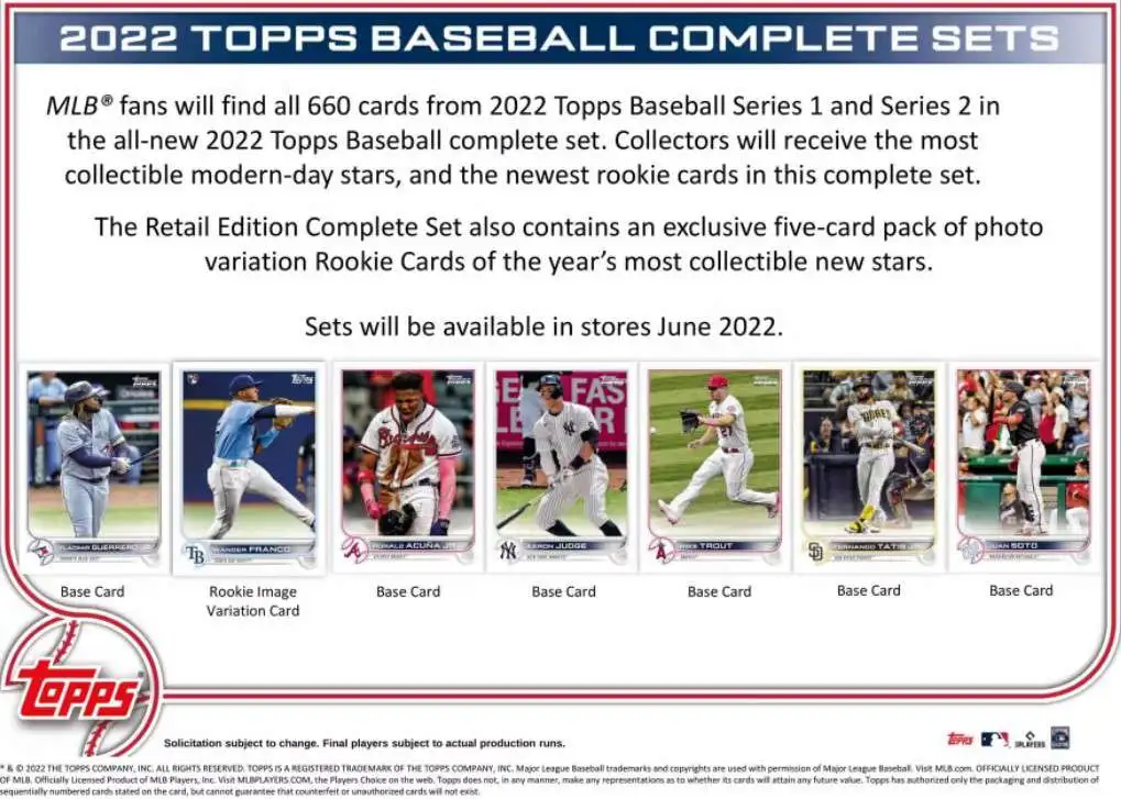 MLB Topps 2022 Baseball Trading Card RETAIL Factory Set [660 Cards (Series  1 & 2) Plus 5 Rookie Variation Cards]