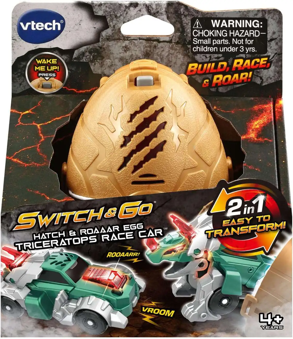 Switch & Go Hatch & Roaaar Egg Triceratops Racer Car Figure