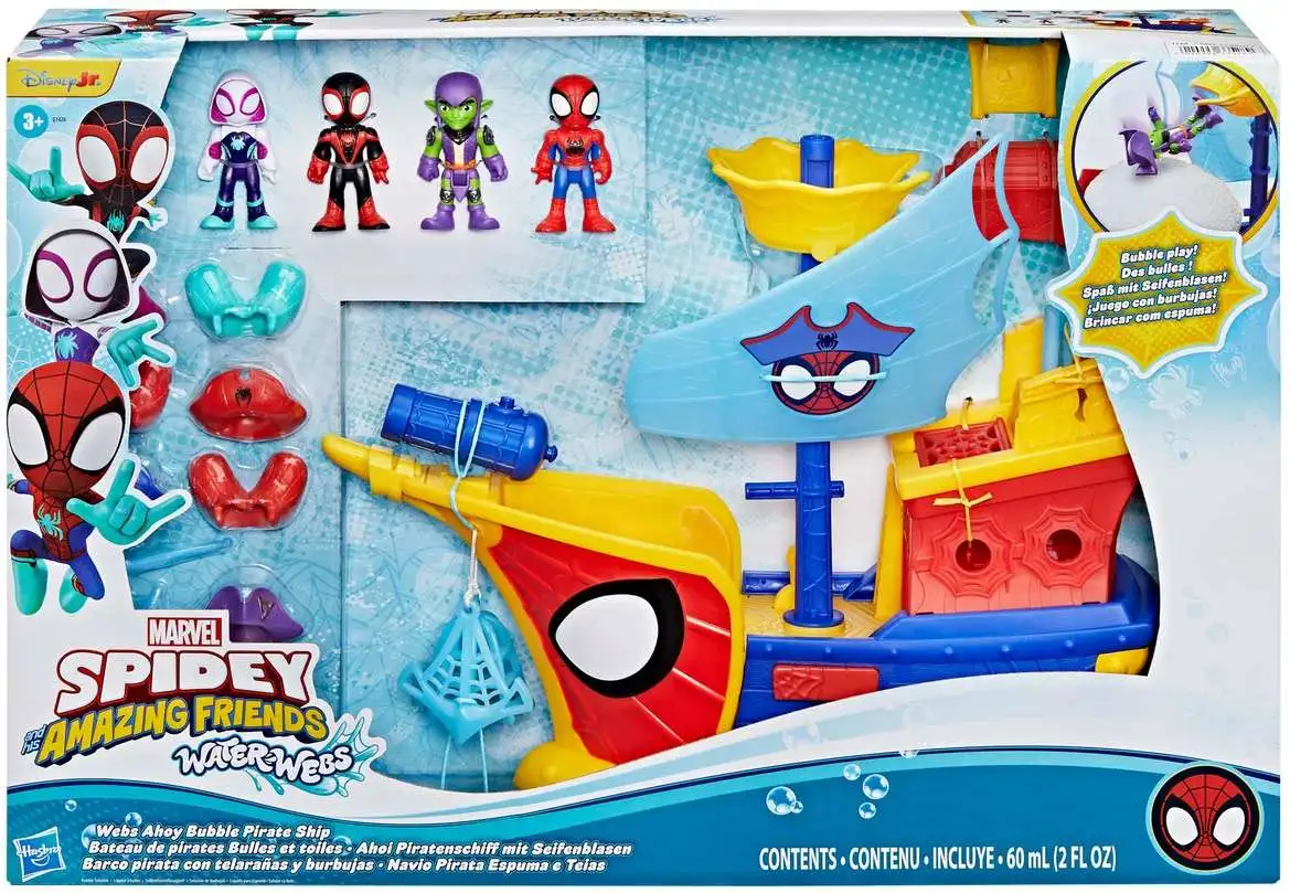 Marvel Spidey & His Amazing Friends Water-Webs Web Ahoy Bubble Pirate Ship Exclusive Playset [Ghost Spider, Miles, Spidey & Green Goblin]