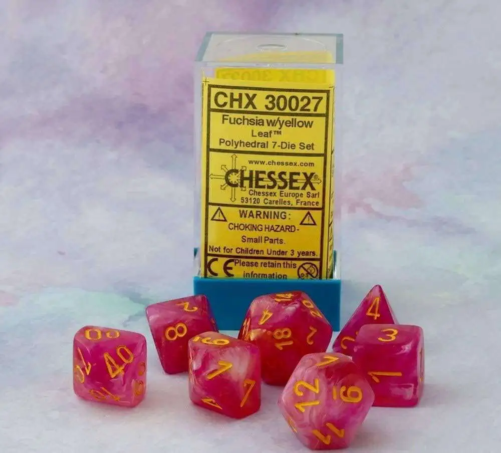Chessex Lab Dice Leaf Polyhedral 7-Die Dice Set [Fuschia / yellow luminary]