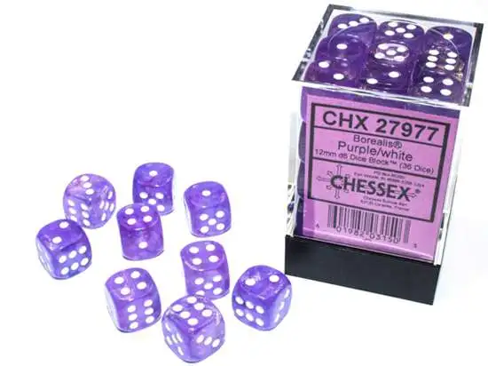 Chessex Borealis Purple/White Luminary Dice Set #27977 [12mm d6 / 36 Dice]