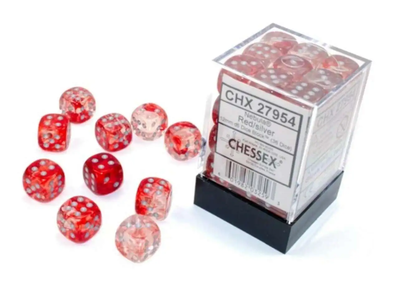 Chessex Nebula Red/Silver Luminary Dice Set #27954 [12mm d6 / 36 Dice]