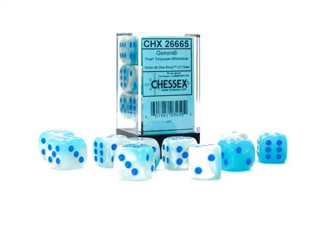 Chessex 6-Sided d6 Gemini 16mm Dice Pack #26665 [Pearl Turquoise - White / Blue ]