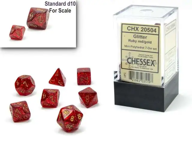 Chessex Gaming Supplies Glitter Mini Polyhedral 7-Die Dice Set #20385 [Ruby/Gold]