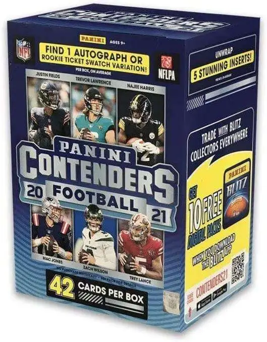 NFL Panini 2021 Contenders Football Trading Card BLASTER Box [6 Packs, 1 Autograph OR Rookie Ticket Swatch Variation]