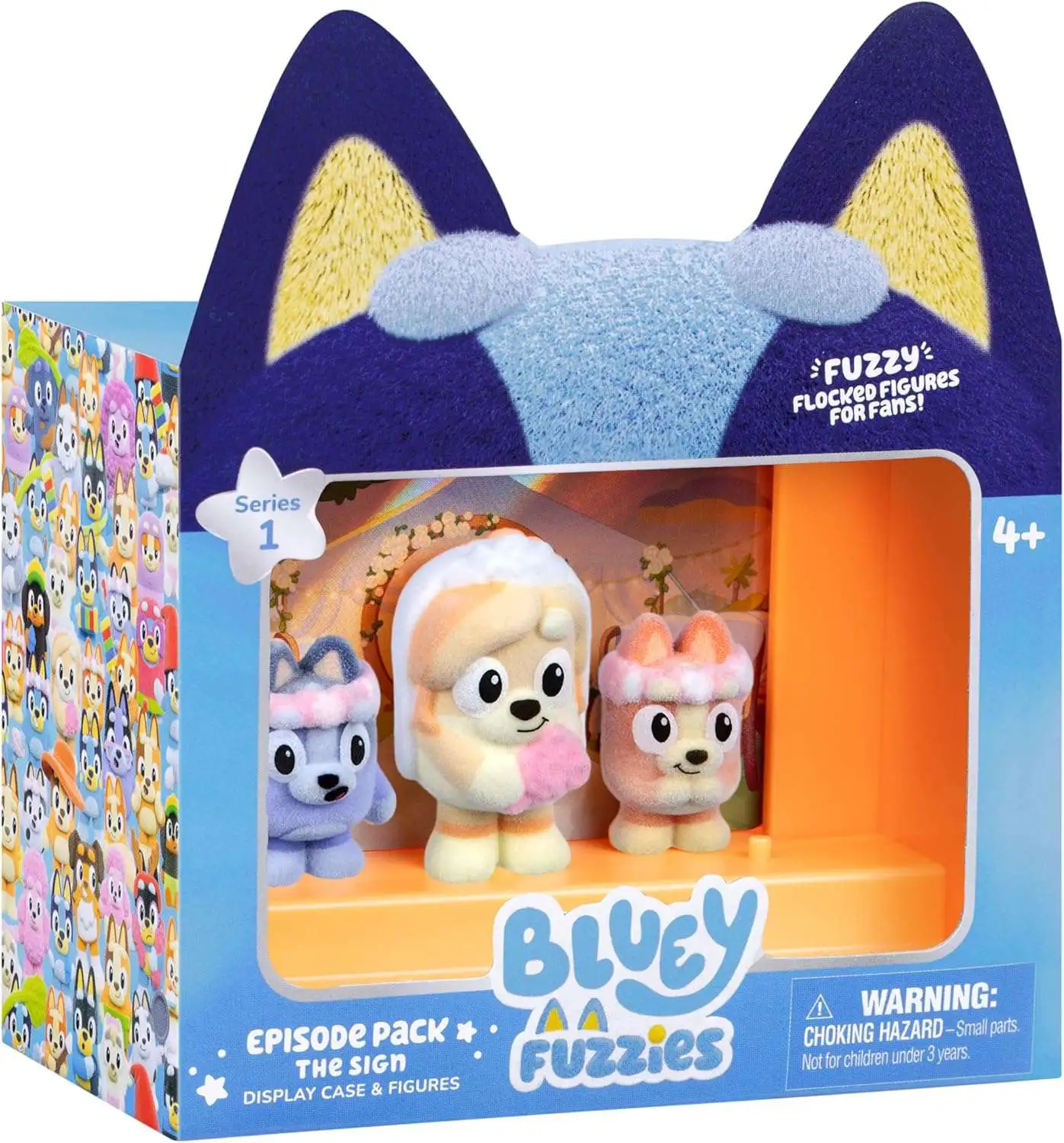 Bluey Fuzzies Episode Pack The Sign 2-Inch Display Case & 3 Flocked Figures [Bingo, Socks & Frisky]