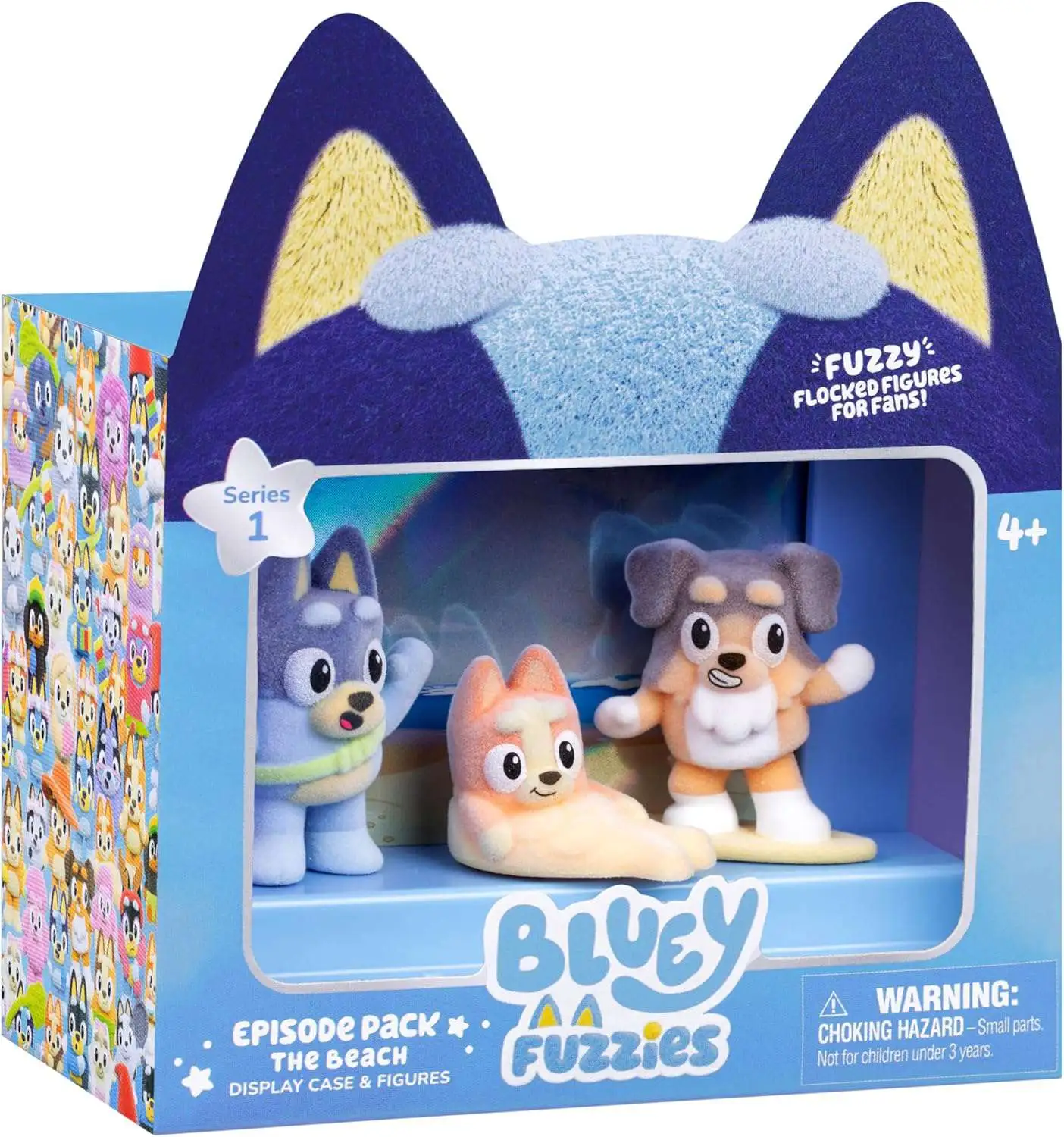 Bluey Fuzzies Episode Pack The Beach 2-Inch Display Case & 3 Flocked Figures [Bingo, Bandit & Surfer Dog]