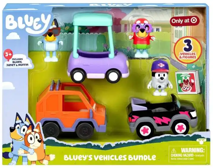 Pizza Girls Vehicle with Muffin, Granny Vehicle with Janet & 4WD with Bluey Exclusive Vehicle & Figure 3-Pack