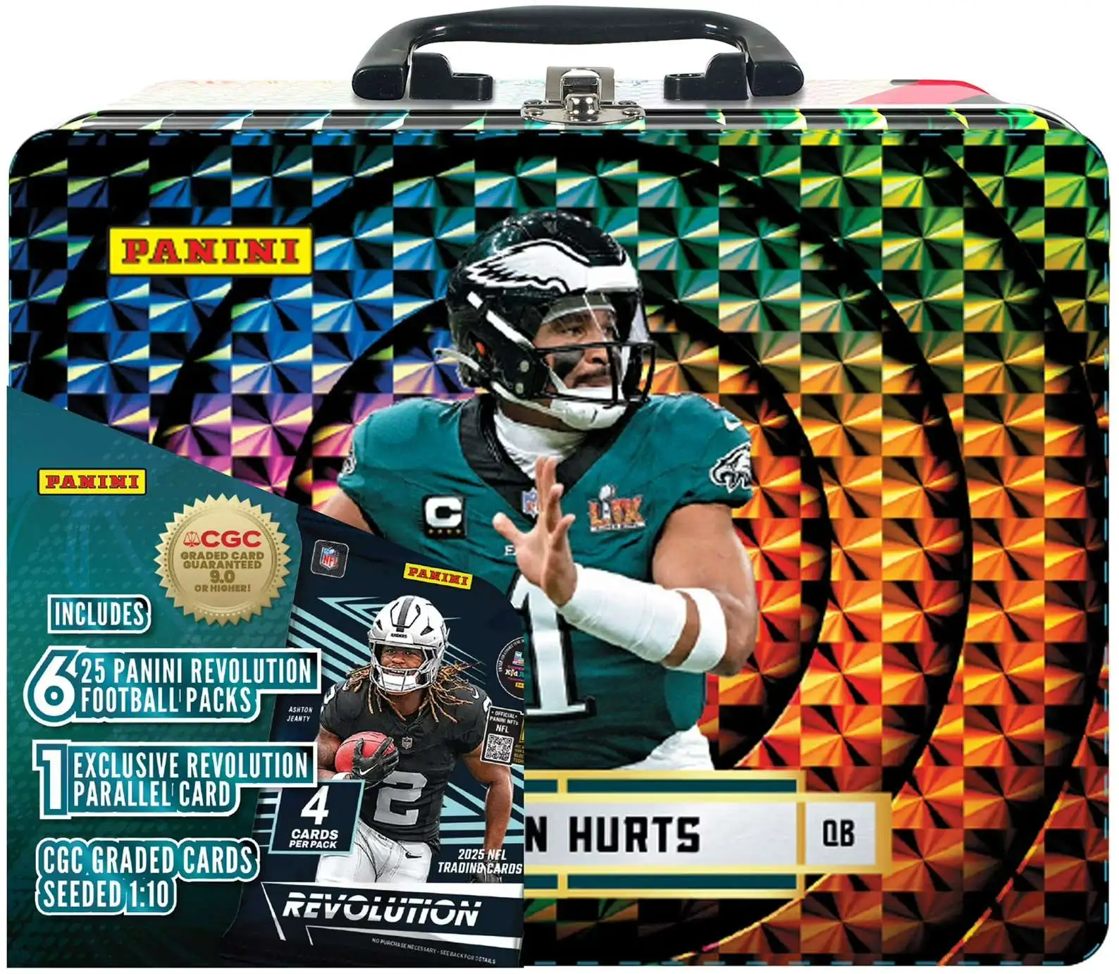 NFL 2025 Panini Revolution Football Jalen Hurts Trading Card COLLECTOR  LUNCH Tin [6 Packs + 1 Parallel Card]