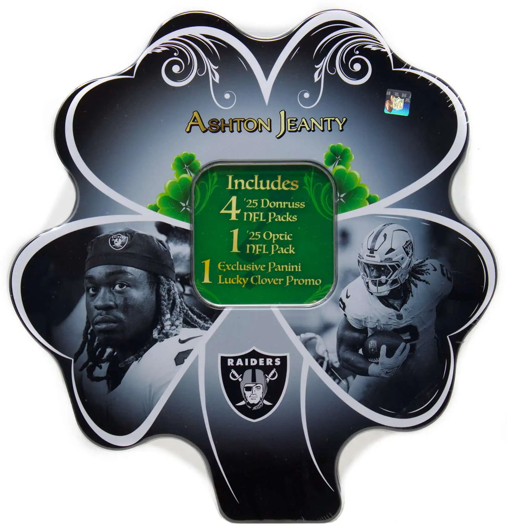 NFL 2025 Panini Football Ashton Jeanty Trading Card COLLECTOR Shamrock Tin [5 Packs & 1 Lucky Clover Promo]