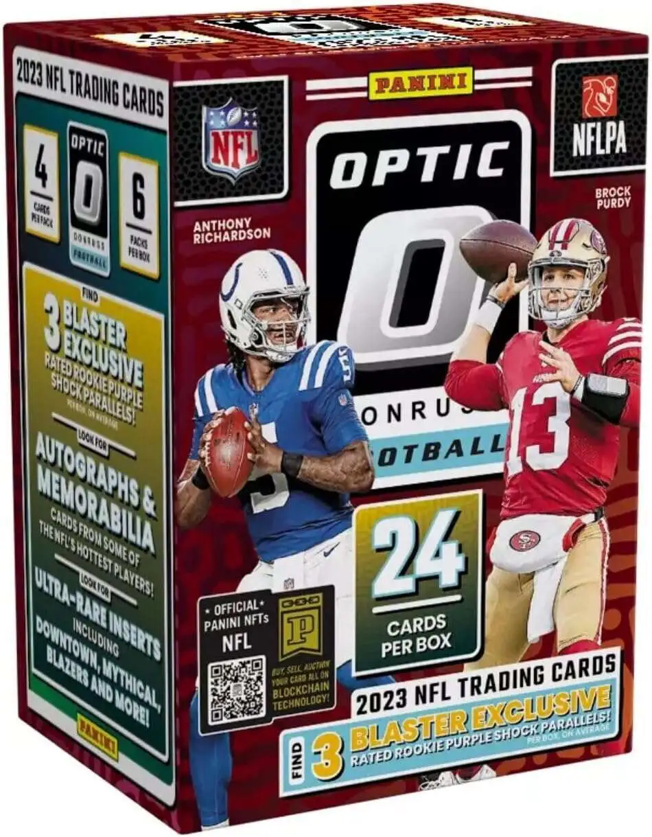 NFL Panini 2023 Donruss Optic Football Trading Card BLASTER Box [6 Packs, 3 Rated Rookie Purple Shock Parallels]