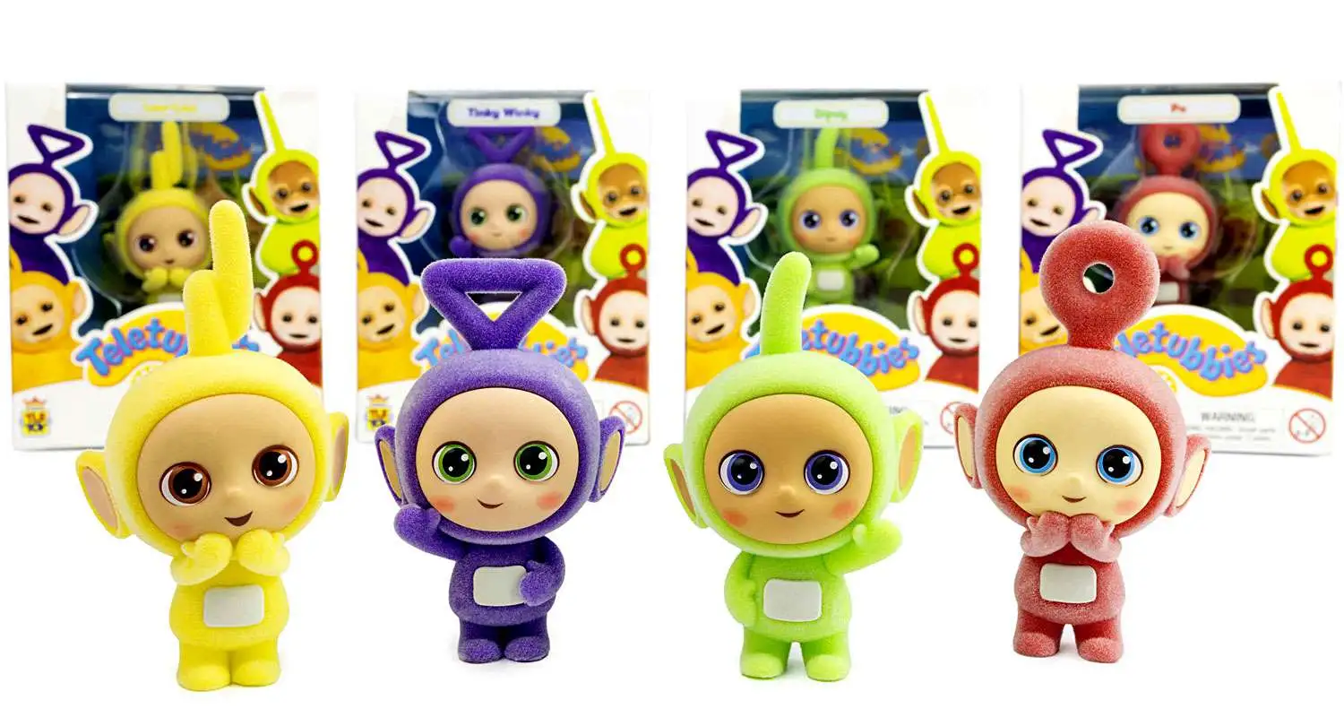 Teletubbies CheeBee Po, Laa Laa, Dipsy & Tinky Winky 2.5-Inch Collectible Figure 4-Pack Set [Flocked]
