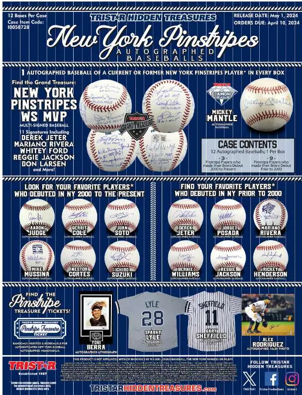 MLB New York Yankees Pinstripes TriStar Hidden Treasures HOBBY Box [1 Autographed Baseball of Current or Retired Yankee!]