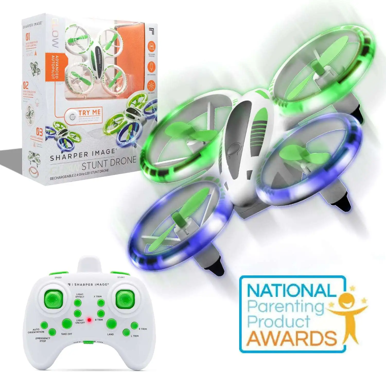 Sharper Image Glow Stunt Drone Rechargeable 2.4 GHZ LED Stunt Drone