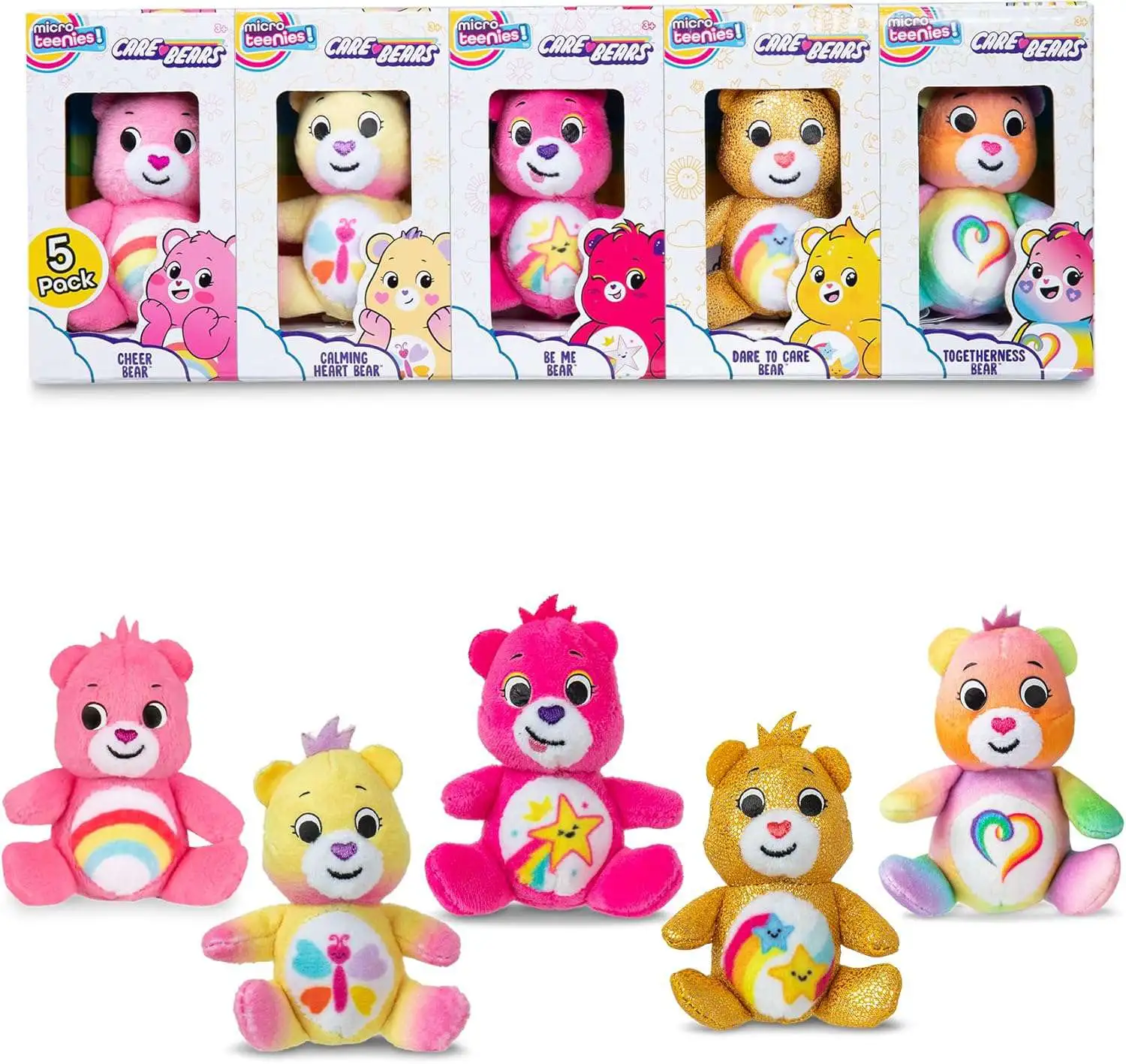 Care Bears Cheer Bear, Calming Heart Bear, Be Me Bear, Dare to Care Bear & Togetherness Bear 3-Inch Micro Plush 5-Pack