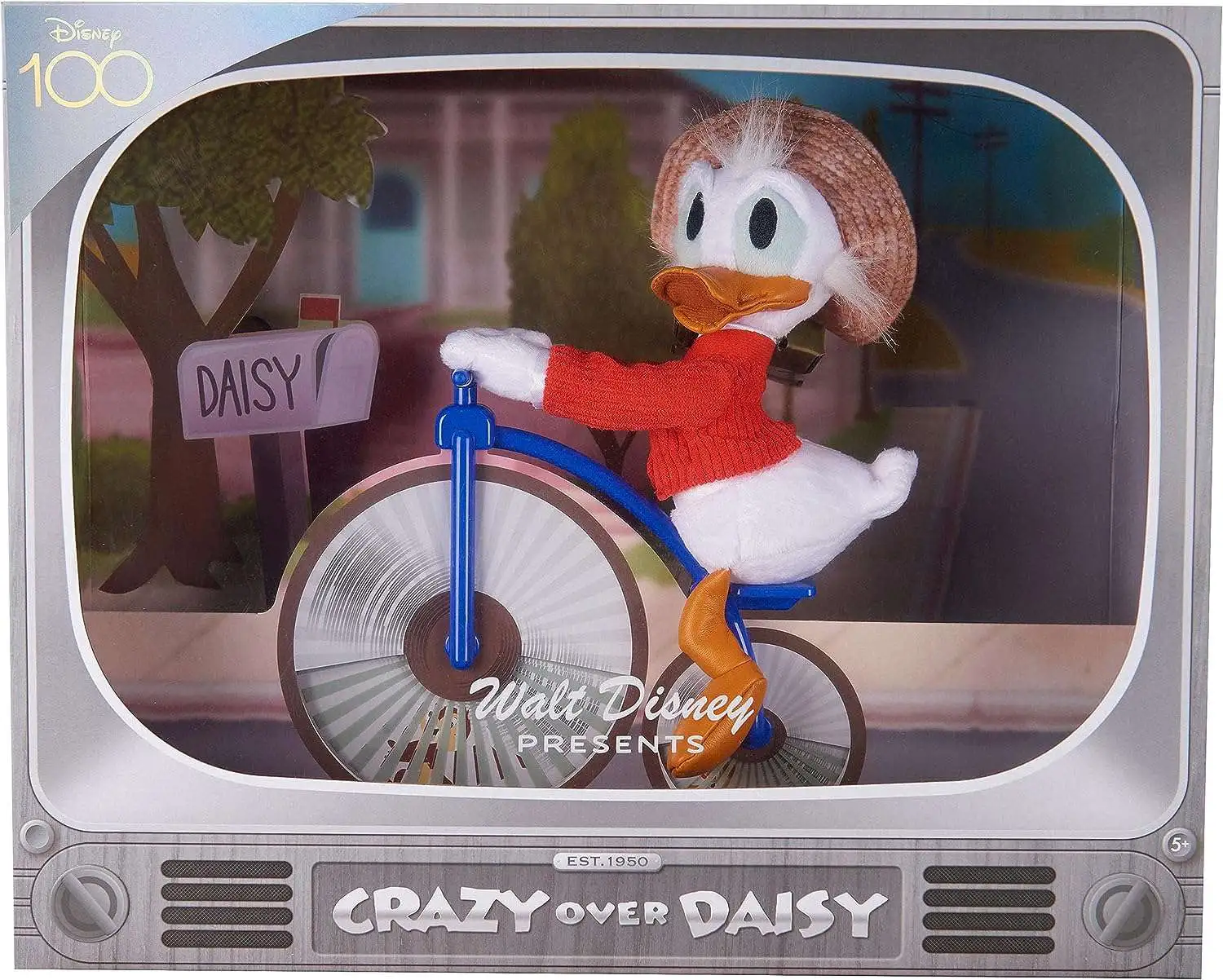 Goofy rides a high-wheel bike, Mickey and Minnie drive by