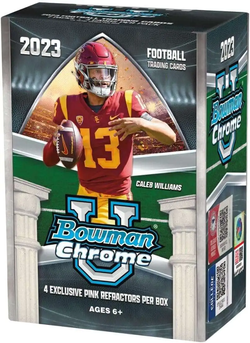 NFL Topps 2023 Bowman Chrome U Football Trading Card BLASTER Box [7 Packs, 4 Exclusive Pink Refractors]