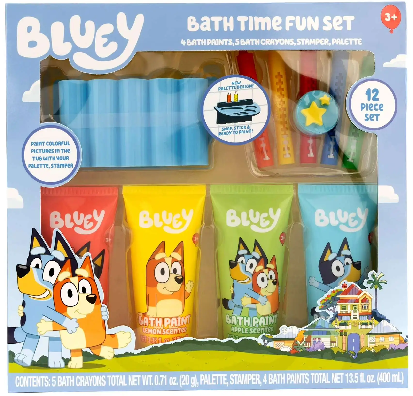 Bluey Bath Time Fun set 4 Bath Paints, 5 Bath Crayons, Stamper