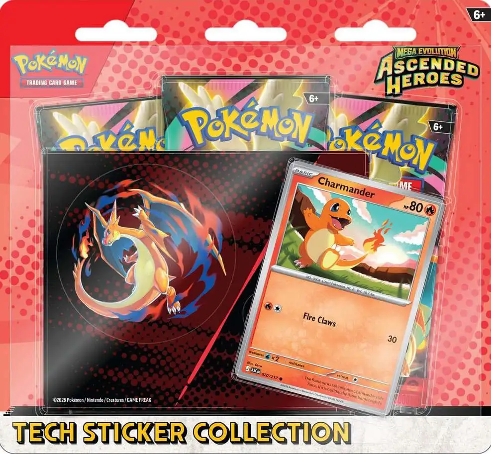 Pokemon Mega Evolution Ascended Heroes Charmander Tech Sticker Collection [3 Booster Packs, Foil Promo Card & Sticker]